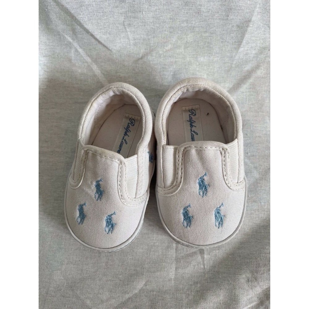 Ralph Lauren Baby Boy Canvas Shoes Slip On White Light Blue Logo Size 1